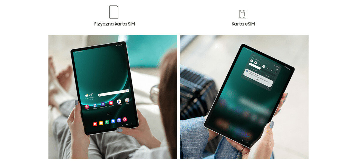 Tablet Samsung Galaxy Tab S9 FE grafika przedstawiająca różnice pomiędzy fizyczną kartą SIM a eSim