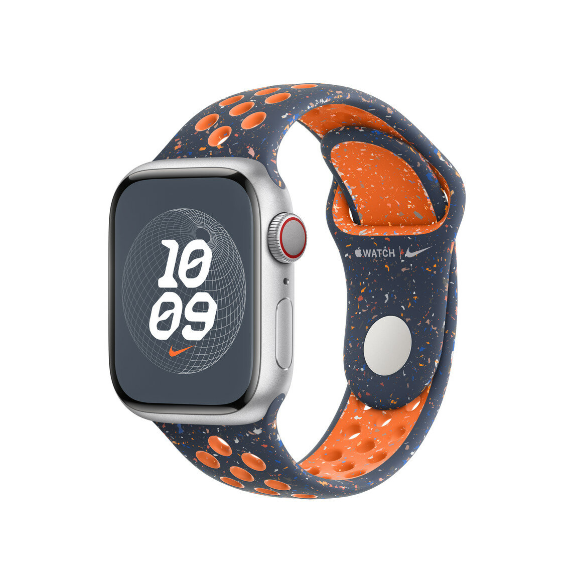 Pasek sportowy Apple Nike MUUU3ZM/A grafika przedstawia smartwatch z paskiem pod skosem