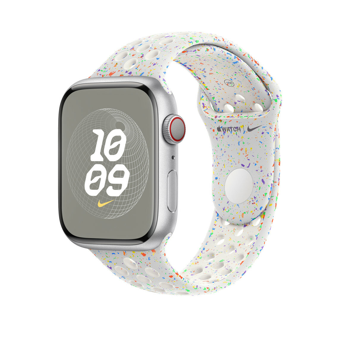 Pasek sportowy Nike Apple MUUK3ZM/A grafika przedstawia smartwatch z założonym paskiem pod skosem