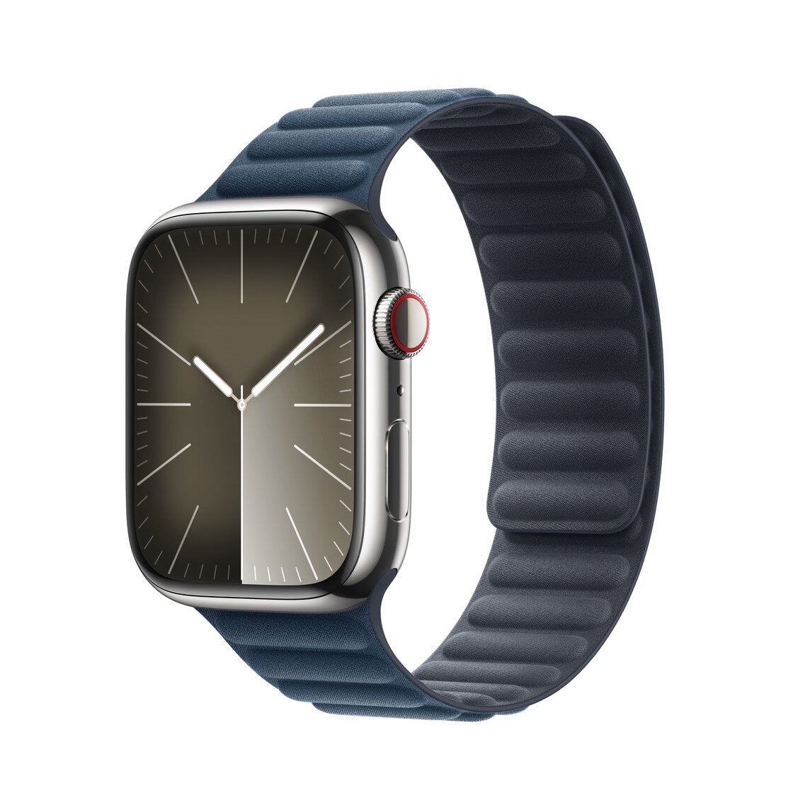 Pasek magnetyczny do smartwatcha Apple MTJ43ZM/AA grafika przedstawia smartwatch z bransoletą pod skosem