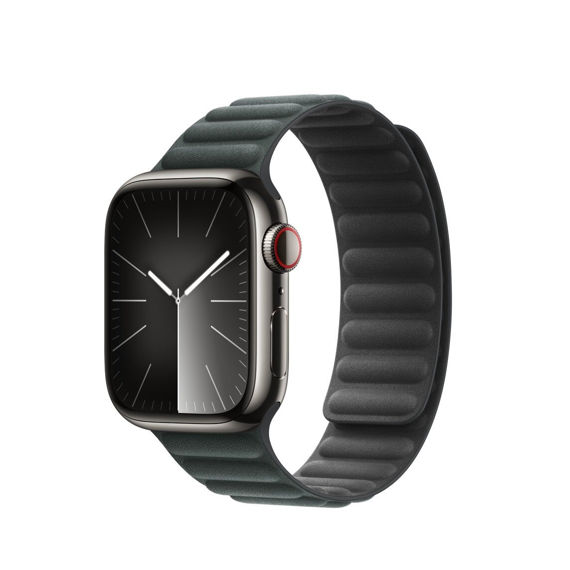 Pasek magnetyczny do smartwatcha Apple 	MTJ63ZM/A grafika przedstawia smartwatch z bransoletą pod skosem