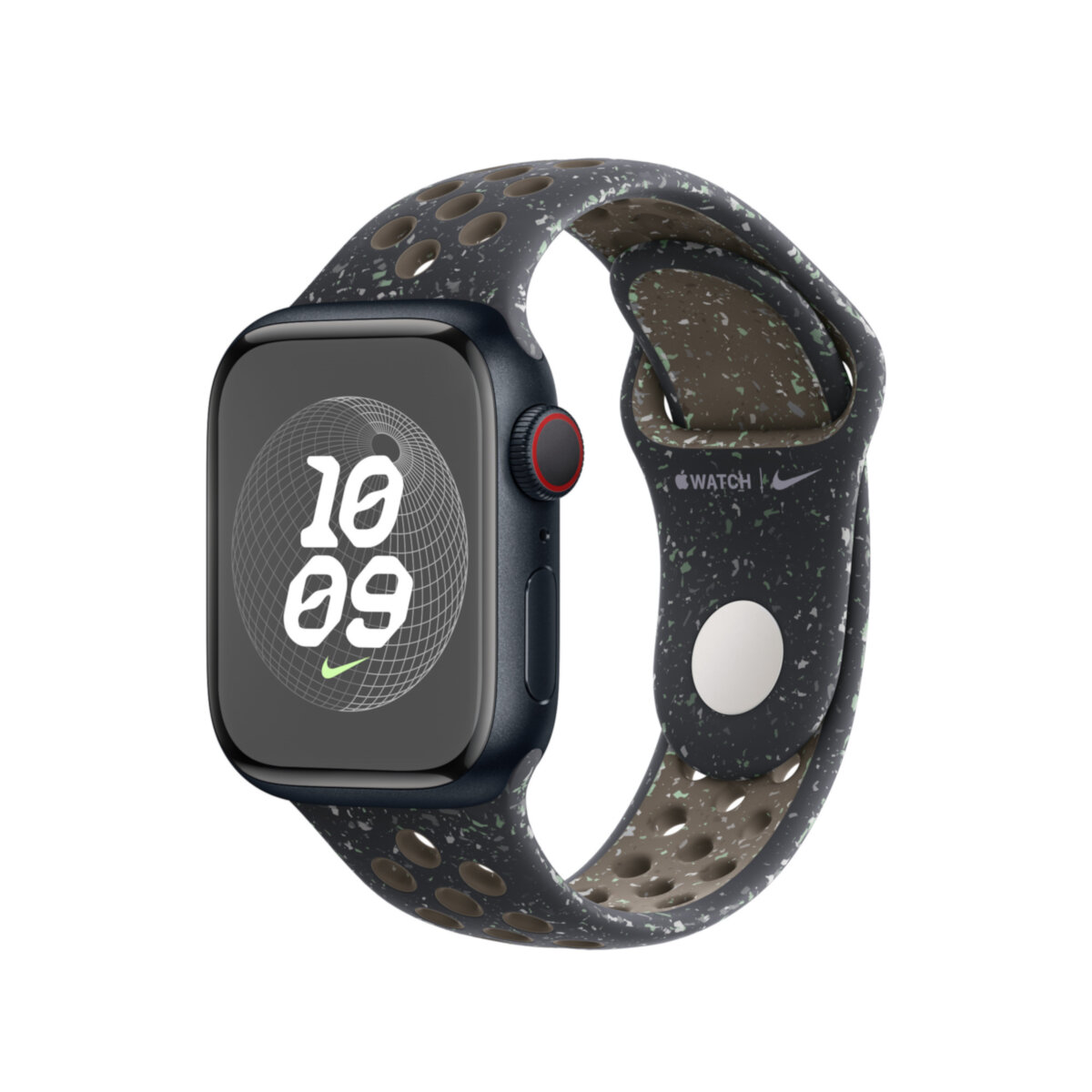 Pasek do zegarka Nike Apple MUV53ZM/A 45mm czarny, grafika przedstawia od boku pasek z wpiętym zegarkiem