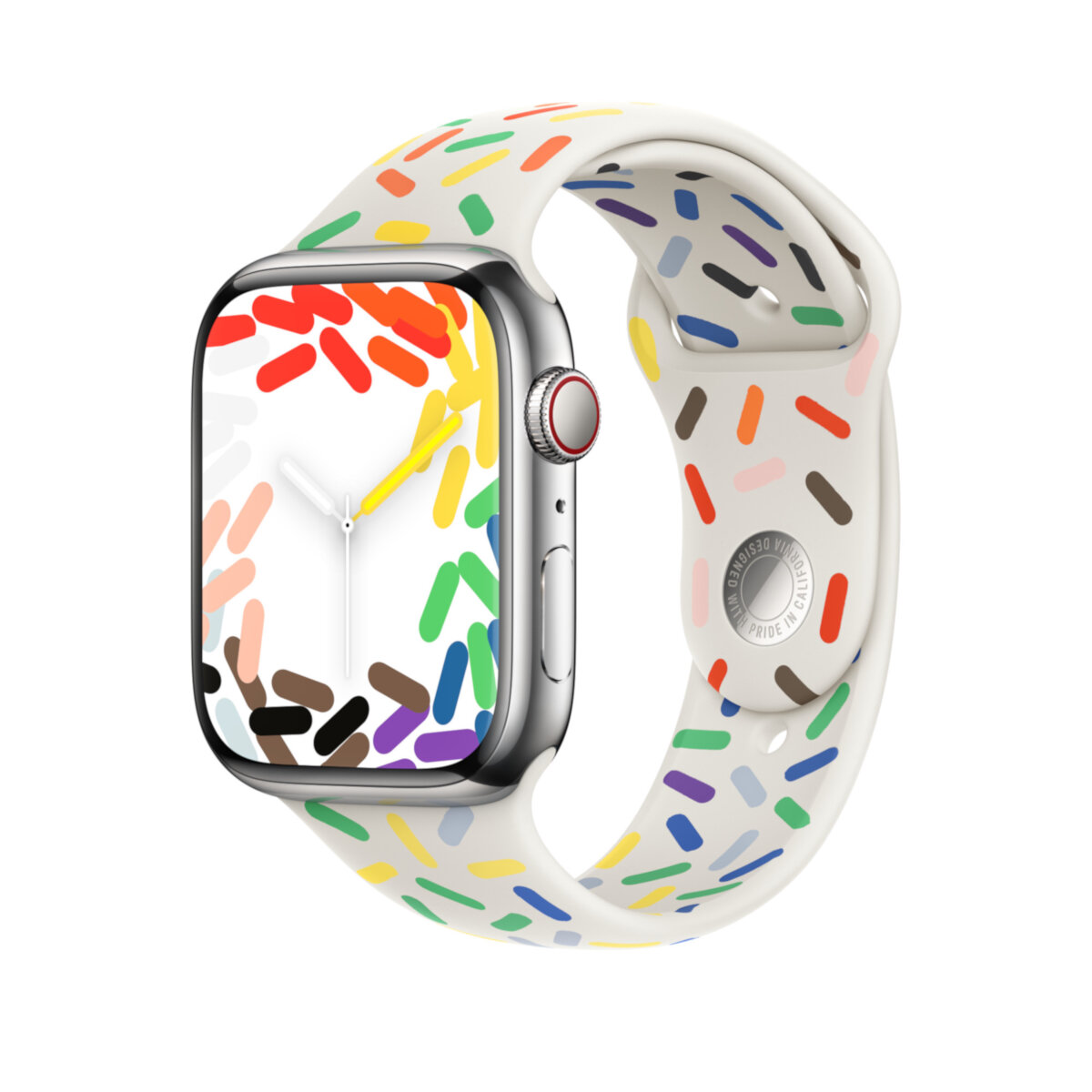 Pasek sportowy Apple MUQ43ZM/A 45mm Pride Edition grafika przedstawia od boku pasek zamontowany do zegarka