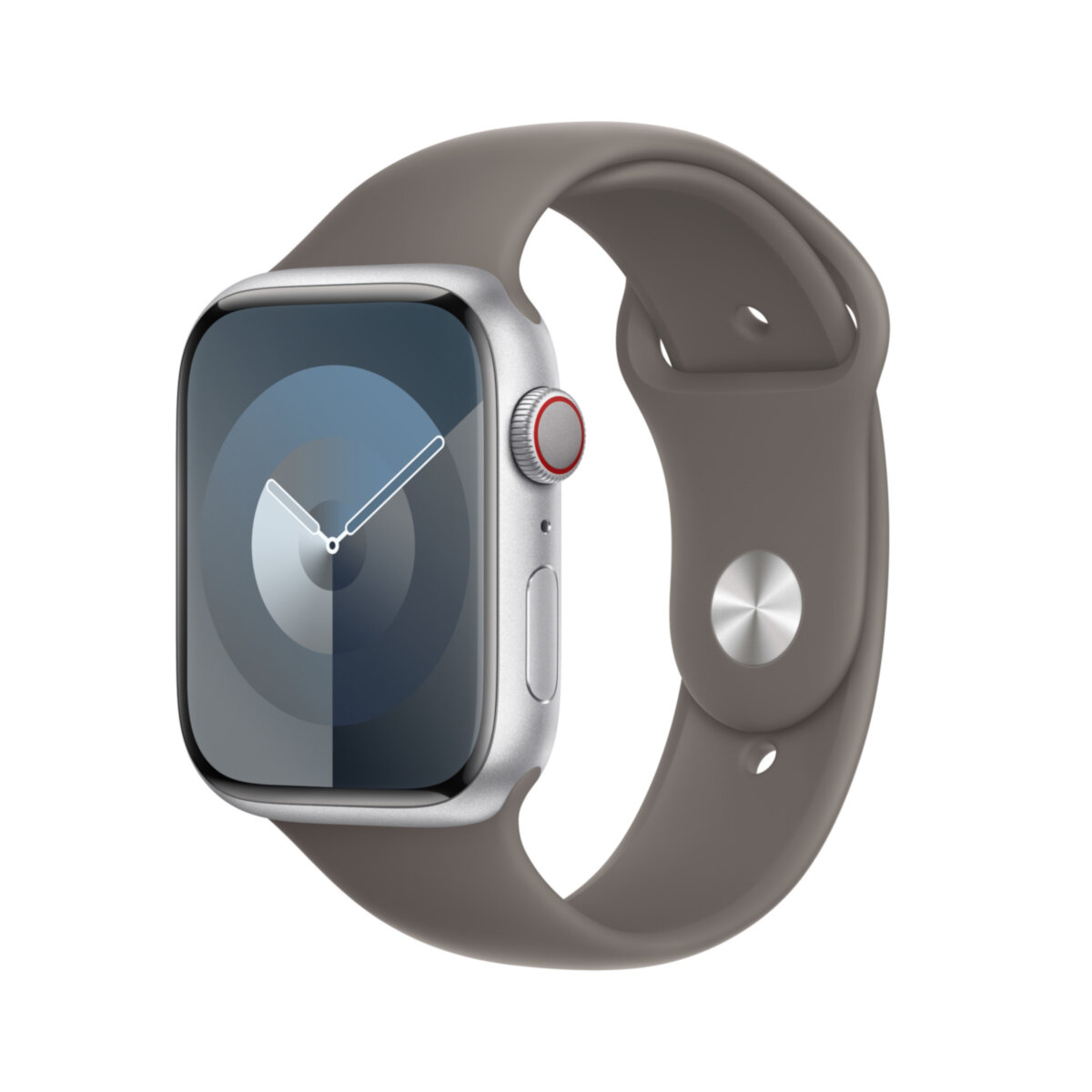 Pasek sportowy Apple MT493ZM/A 45mm brązowy grafika przedstawia od boku pasek z wpiętym zegarkiem