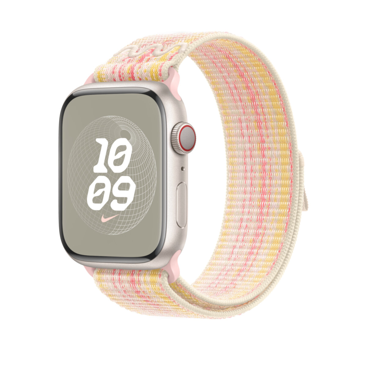Opaska sportowa Nike Apple MUJY3ZM/A różowa, grafika przedstawia pasek zamontowany z kopertą zegarka po skosie na białym tle