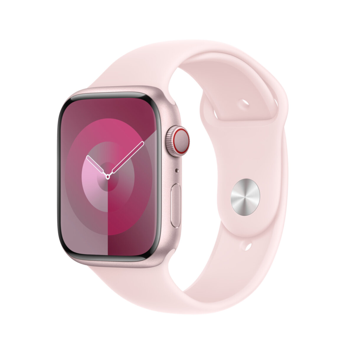 Pasek sportowy Apple MT3V3ZM/A jasnoróżowy grafika przedstawia od boku pasek z wpiętym zegarkiem