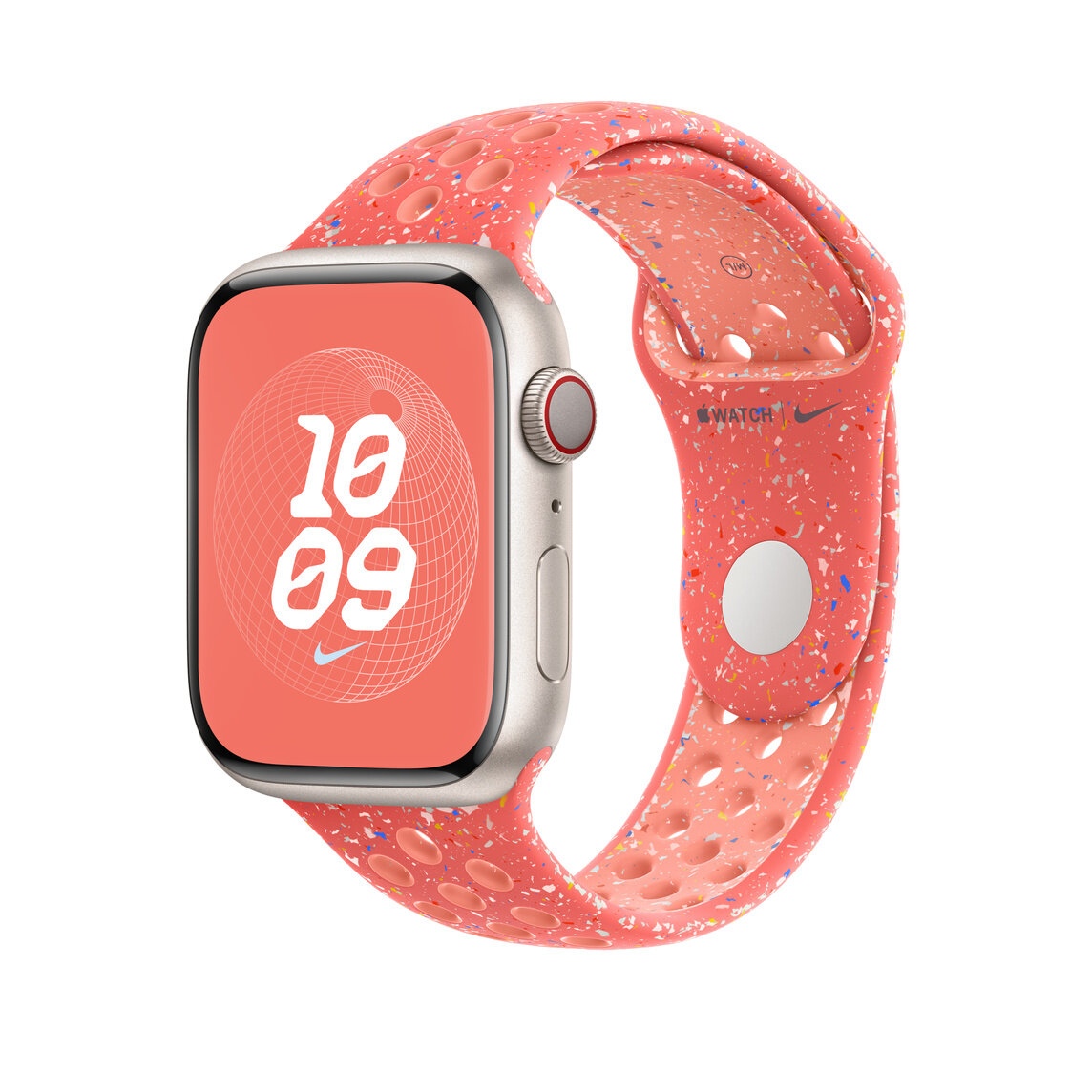 Pasek sportowy Nike Apple MUVF3ZM/A grafika przedstawia smartwatch z założonym paskiem pod skosem