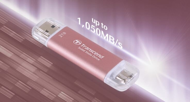 Dysk SSD Transcend ESD310P 1TB różowy widok dysku  pod skosem z informacją o prędkośći do 1050 MB/s