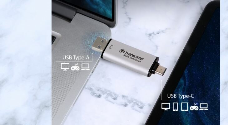 Dysk SSD Transcend ESD310P 1TB różowy widok dwóch  złącz dysku: USB Typu A i USB Typu C