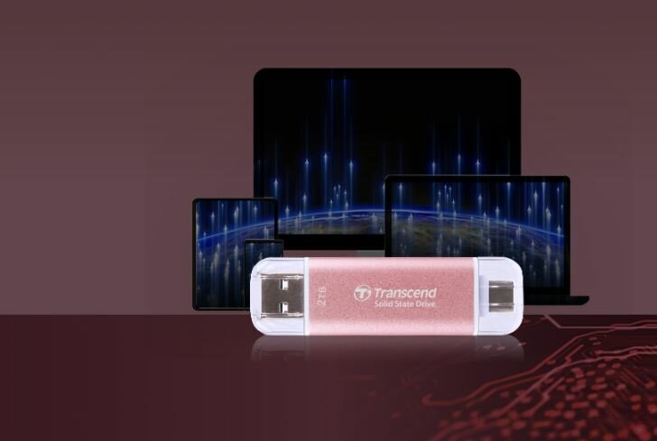 Dysk SSD Transcend ESD310P 2TB różowy widok dysku na tle smartfonu, tabletu, laptopa