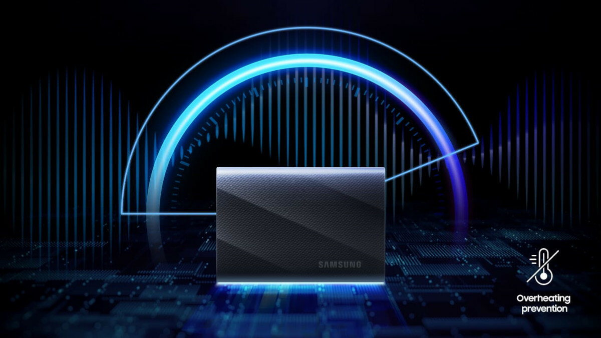 Dysk SSD Samsung Portable T9 grafika przedstawiająca ochronę zapobiegającą przegrzaniu dysku