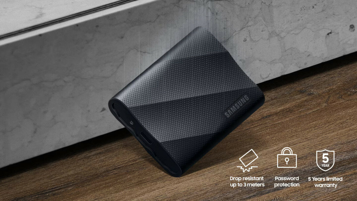 Dysk SSD Samsung Portable T9 grafika przedstawiająca upadający dysk
