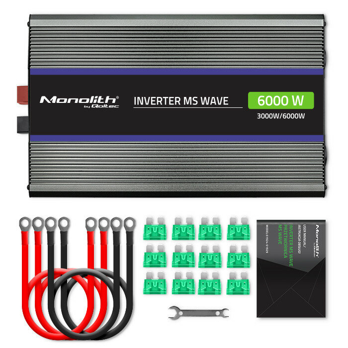 Przetwornica napięcia Qoltec Monolith 6000 MS Wave 12V na 230V zwartość zestawu: przetwornica, bezpieczniki, klucz, przewody
