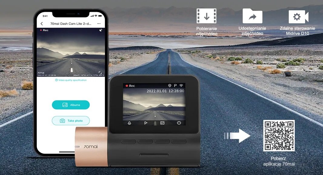 Wideorejestrator 70Mai Dash Cam Lite 2 D10 Full HD widok wideorejestratora i aplikacji na smartfonie na tle drogi