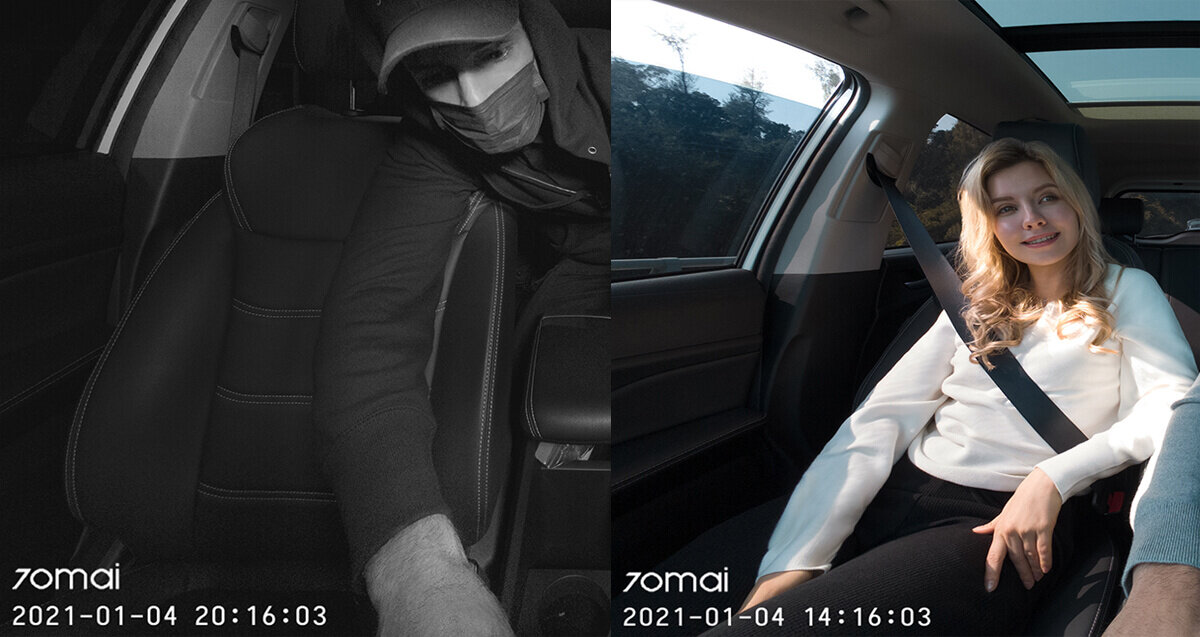 Wideorejestrator 70mai Dash Cam FC02 dwa kadry z wnętrza samochodu - złodziej oraz kobieta siedząca w fotelu