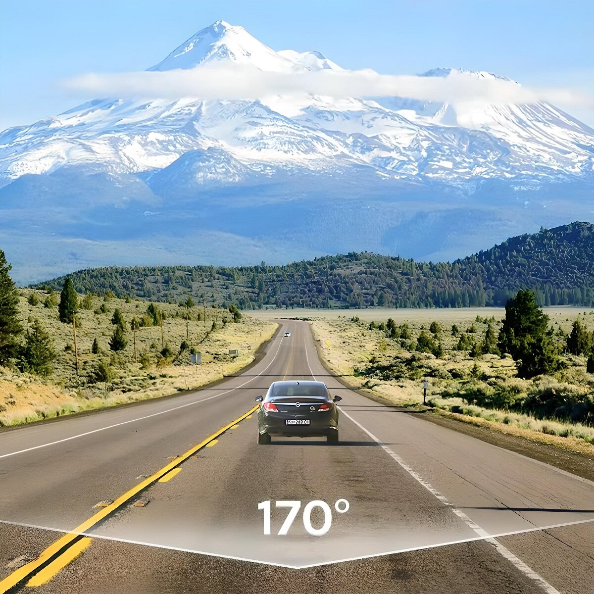 Wideorejestrator 70mai Dash Cam M500 32GB widok trasy z samochodem z informacją  o 170-stopniowym kącie nagrywania