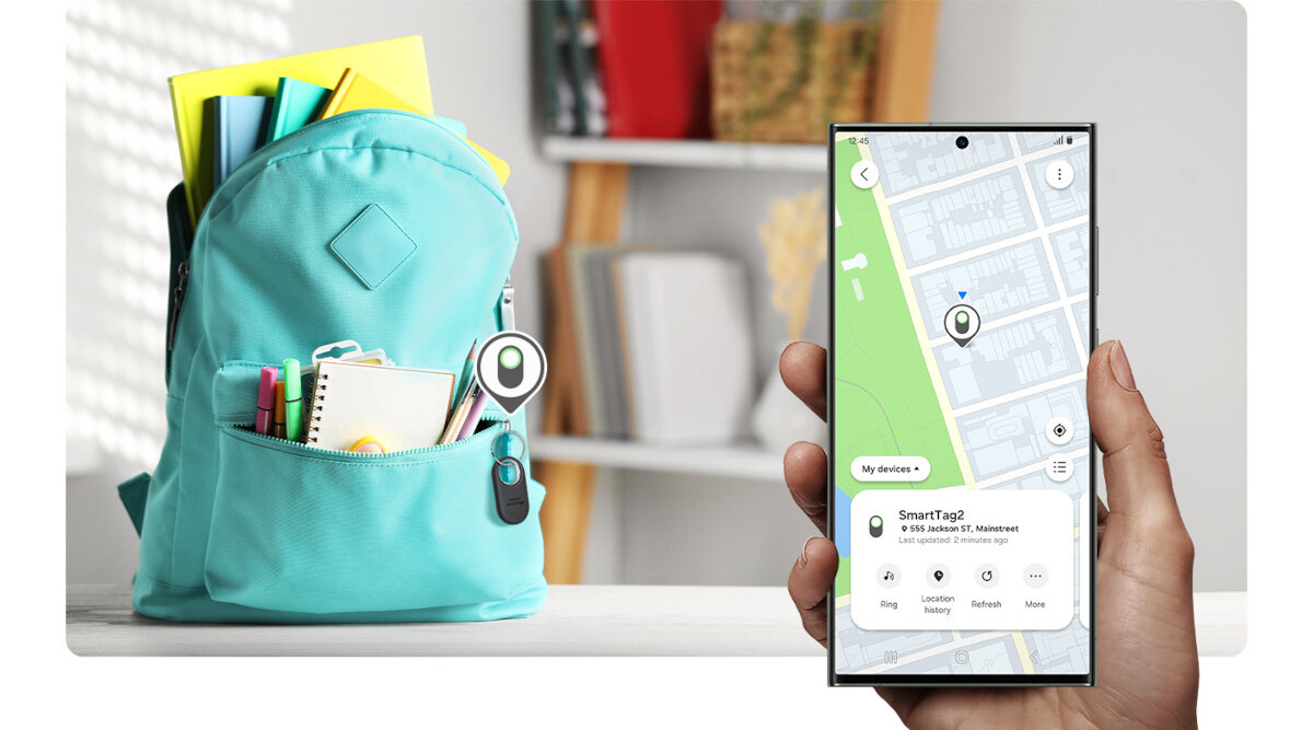 Lokalizator Samsung Galaxy SmartTag2 grafika przedstawiająca widok lokalizatora w aplikacji SmartThings Find