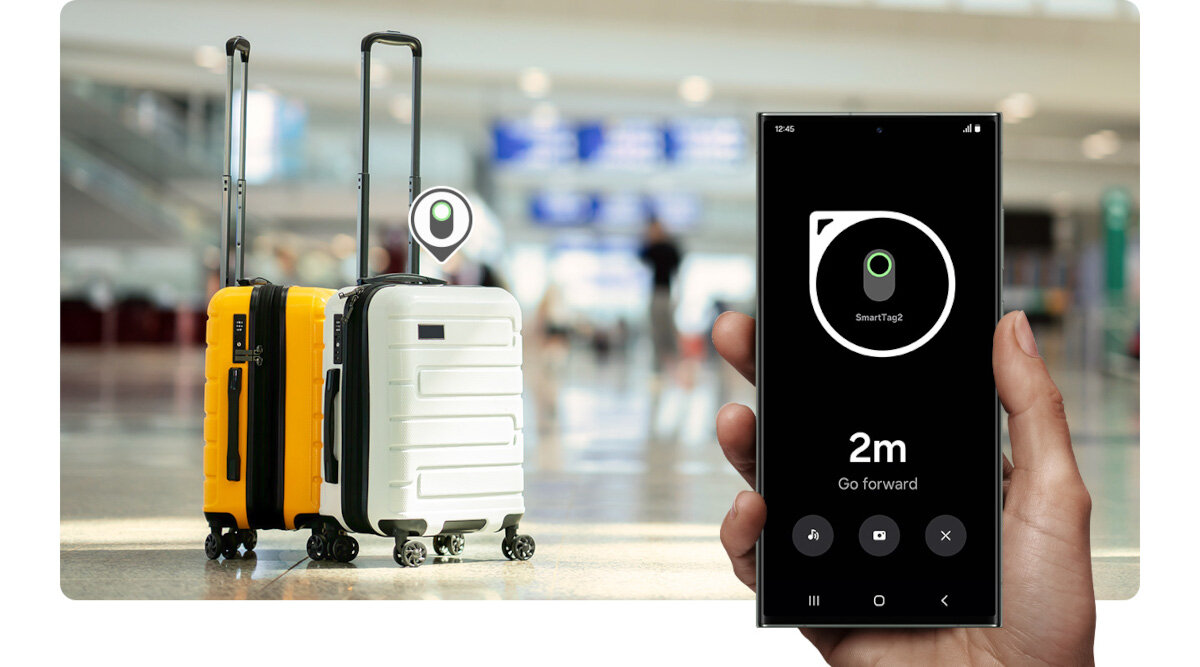 Lokalizator Samsung Galaxy SmartTag2 grafika przedstawiająca odległość między smartfonem a lokalizatorem ukazaną na ekranie smartfona