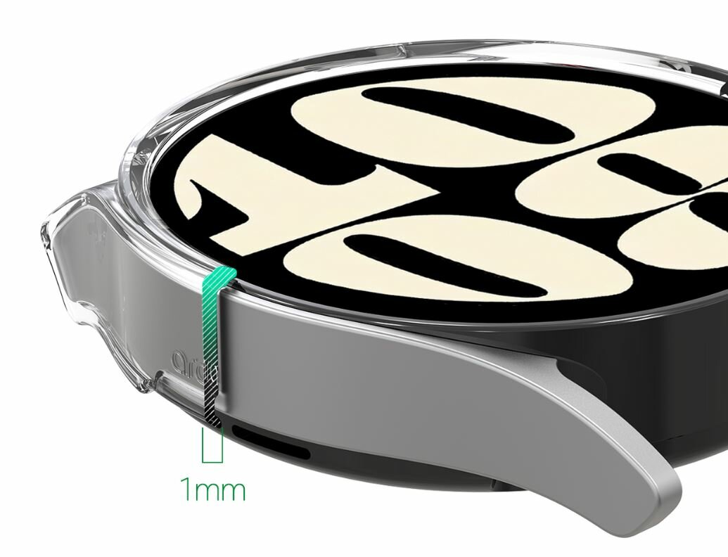Etui Araree Nukin AR20-01732A przeźroczyste Watch6 44mm grafika przedstawia smartwatch od boku z nałożonym etui, z zaznaczonym 1mm grubości