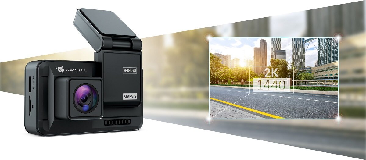 Wideorejestrator Navitel R480 2K widok wideorejestratora i informacja o rozdzielczości nagrywania 2K 