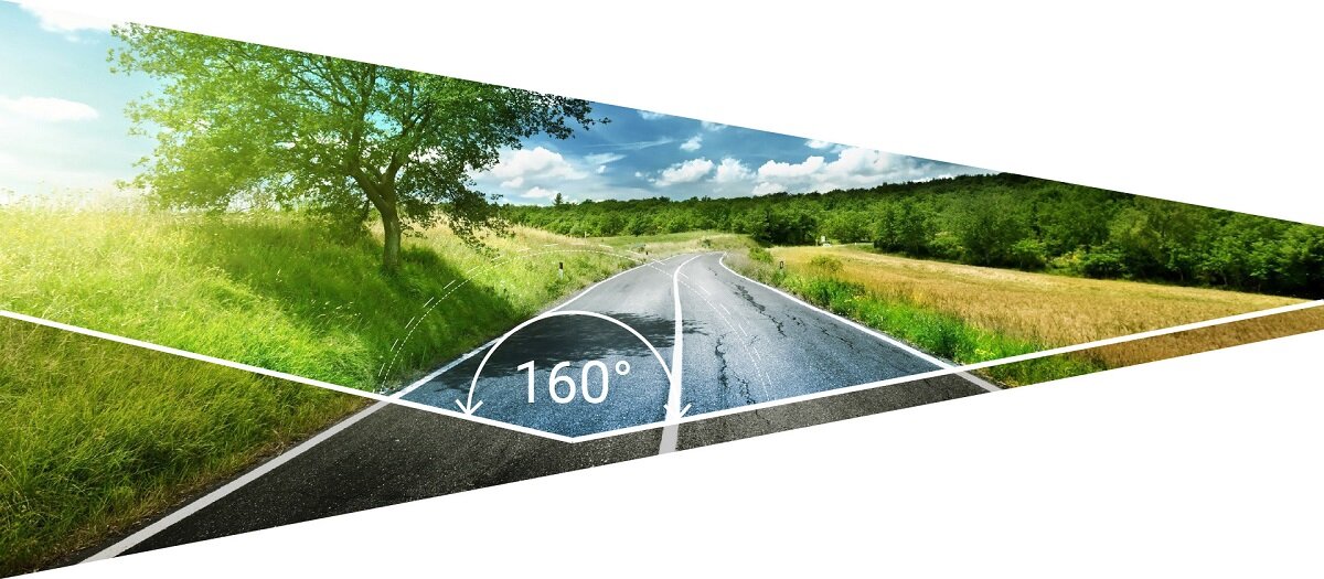 Wideorejestrator Navitel R480 2K widok drogi i informacja o kącie nagrywania 160 stopni
