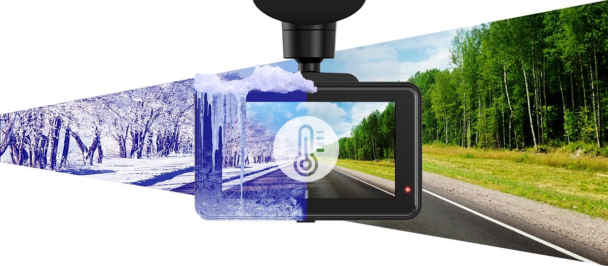 Wideorejestrator Navitel R980 4K widok wideorejestratora na tle mroźnej pogody i pogody słonecznej