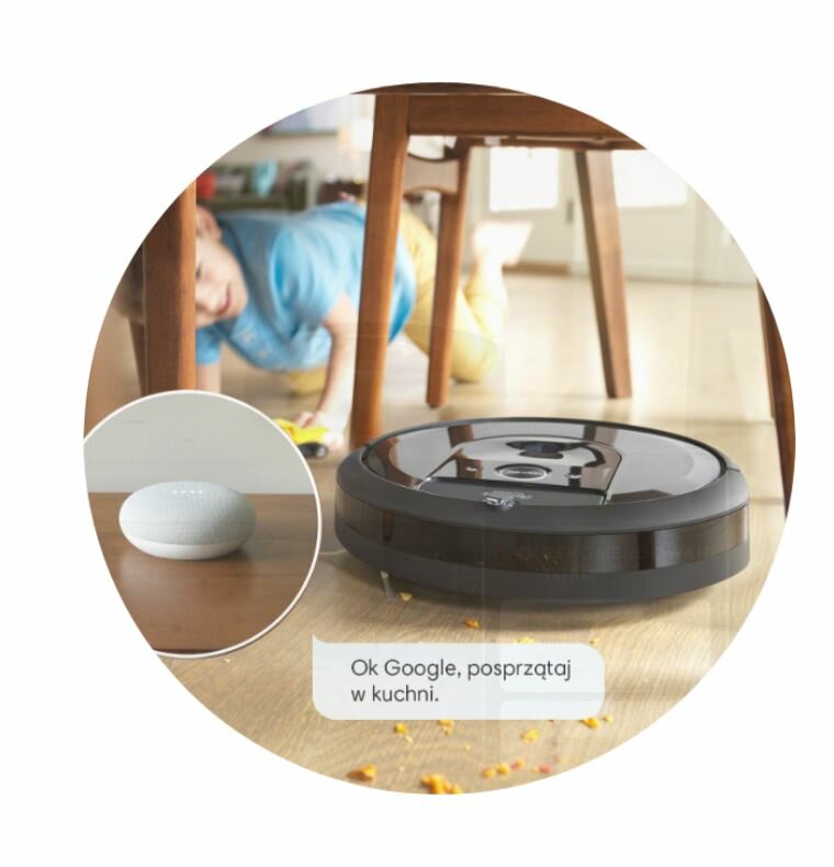 Robot sprzątający iRobot Roomba i7 WiFi grafika przedstawiająca działanie funkcji głosowych