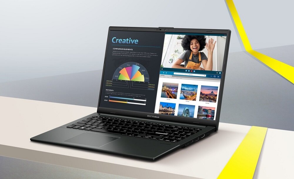 Laptop Asus Vivobook Go 15 8/512GB grafika przedstawia laptop pod skosem stojący na blacie