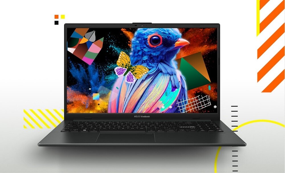 Laptop Asus Vivobook Go 15 8/512GB grafika przedstawia laptop od frontu wyświetlający namalowanego ptaka