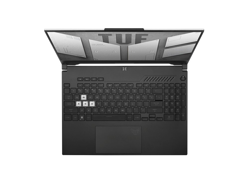 Laptop Asus FX507ZV4-LP055W TUF Gaming F15 15,6' 16/512GB grafika przedstawia otwarty laptop od góry