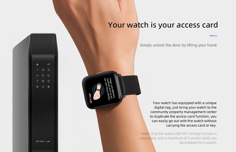 Smartwatch Mibro C2 kremowy biały grafika przedstawia smartwatch podczas używania funkcji NFC