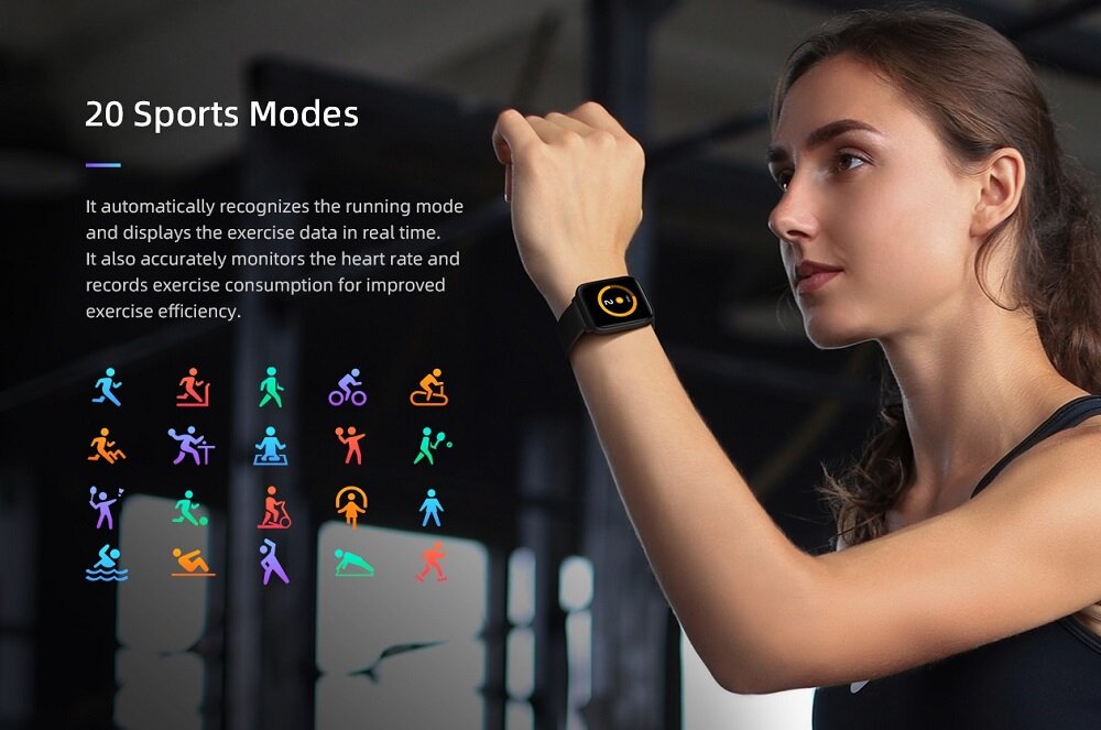 Smartwatch Mibro C2 kremowy biały grafika przedstawia kobietę ćwiczącą ze smartwatchem na nadgarstku