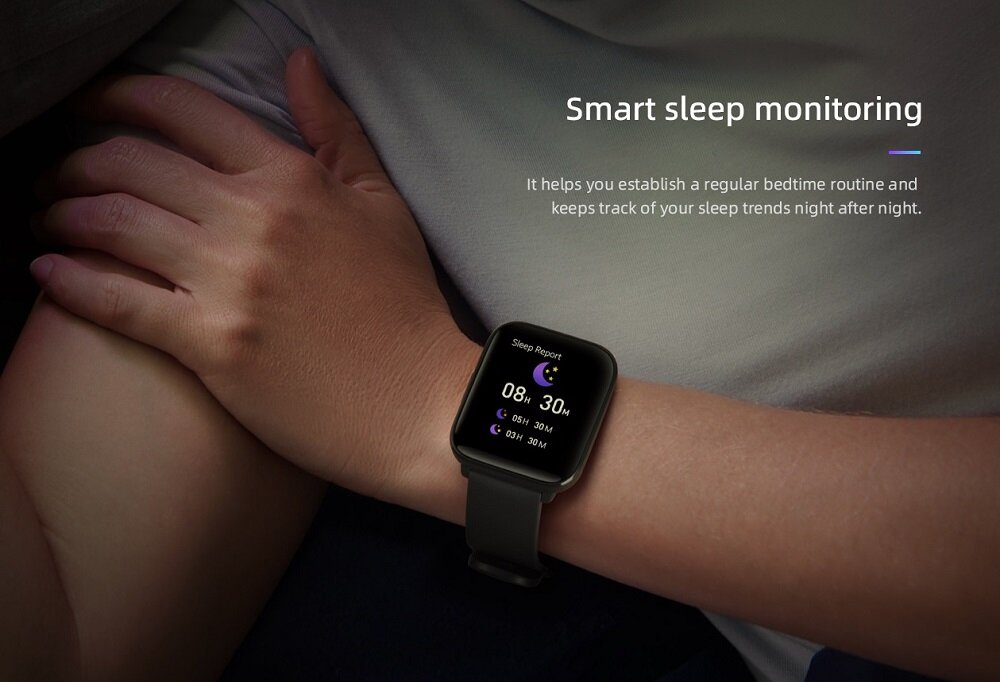 Smartwatch Mibro C2 czarny grafika przedstawia smartwatch na nadgarstku wyświetlający analizę snu