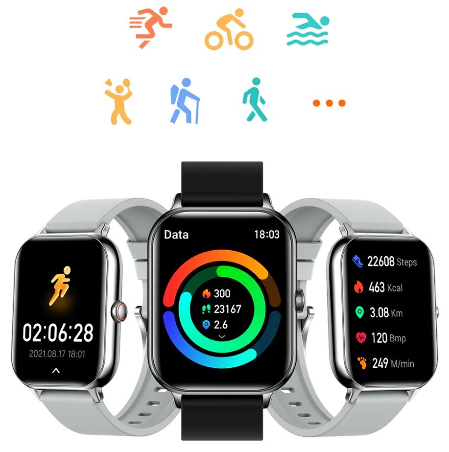 Smartwatch Kumi KU6 czarny grafika przedstawia trzy smartwatche z różnymi tarczami trybów sportowych