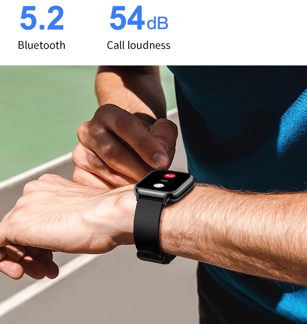 Smartwatch Kumi KU6 czarny grafika przedstawia mężczyznę odbierającego połączenie zegarkiem