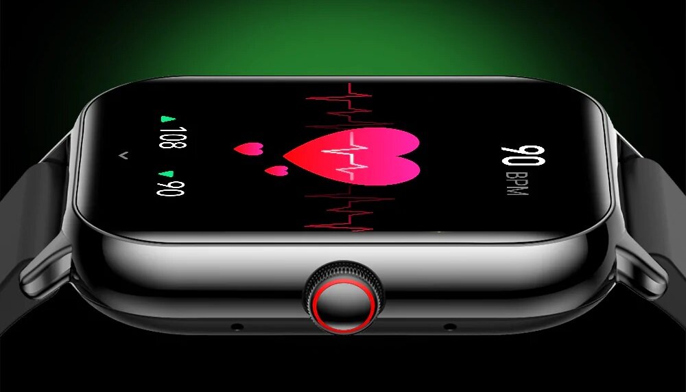 Smartwatch Kumi KU6 czarny grafika przedstawia zbliżenie na ekran smartwatcha wyświetlający monitorowanie tętna
