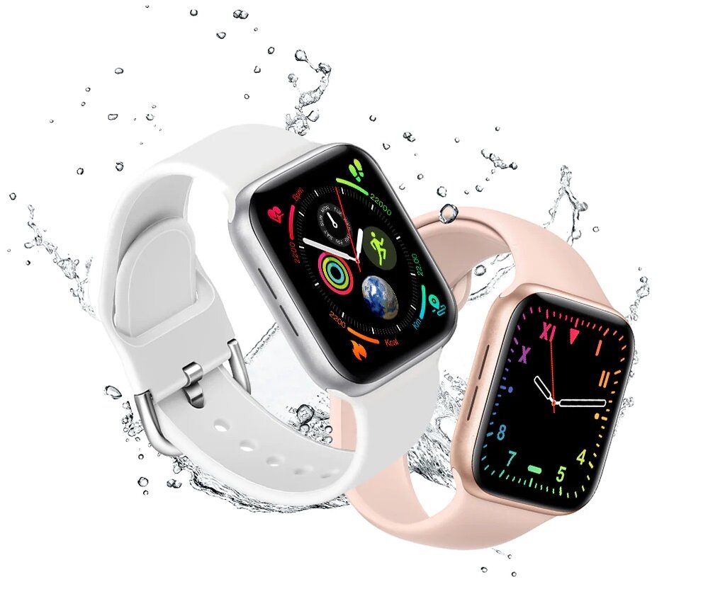 Smartwatch Kumi KU1 Pro różowy grafika przedstawia dwa smartwatche pod skosem między kroplami wody