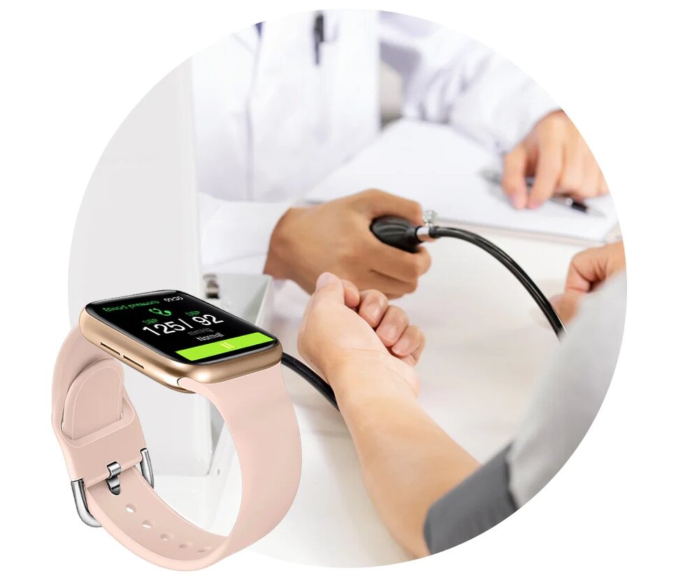 Smartwatch Kumi KU1 Pro różowy grafika przedstawia lekarza mierzącego pacjentowi ciśnienie oraz smartwatch pod skosem