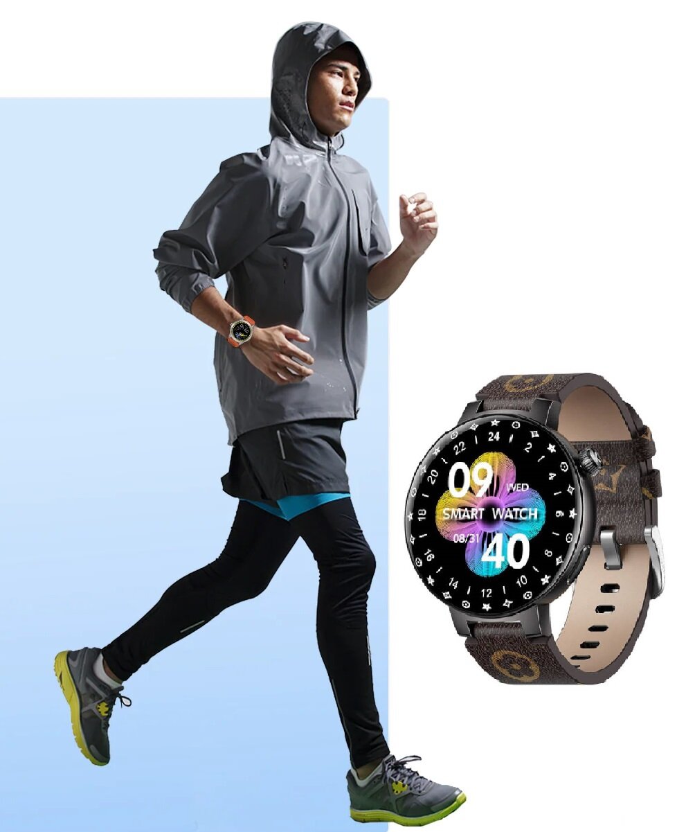 Smartwatch Kumi GT6 Pro szaro-biały grafika przedstawia biegnącego mężczyznę  ze smartwatchem na ręku oraz smartwatch pod skosem