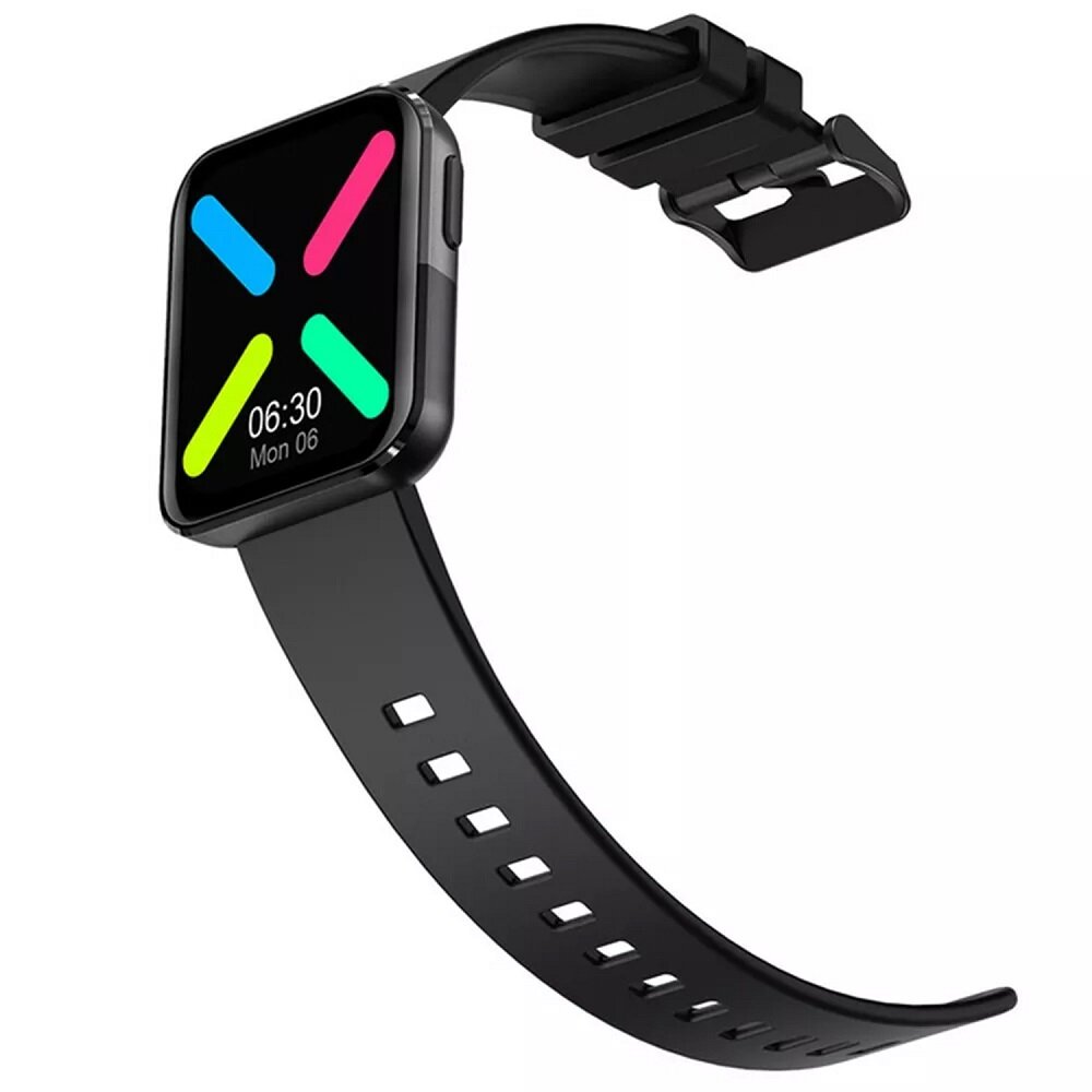 Smartwatch Kumi GT6 czarny grafika przedstawia smartwatch pod skosem z rozpiętym paskiem