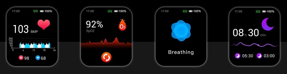Smartwatch Imilab W02 czarny grafika przedstawia cztery tarcze smartwatcha wyświetlające różne aplikacje