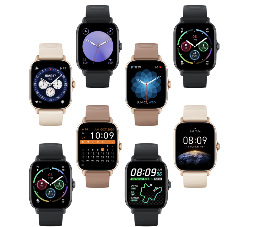 Smartwatch Amazfit GTS 3 czarny grafika przedstawia smartwatche od frontu z różnymi tarczami i paskami