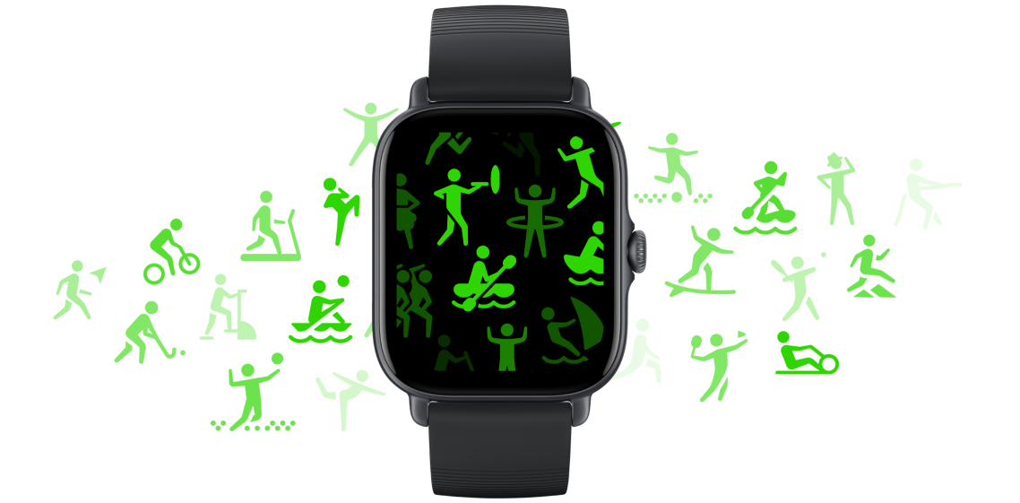 Smartwatch Amazfit GTS 3 czarny grafika przedstawia smartwatch od frontu wyświetlający ikony różnych trybów sportowych