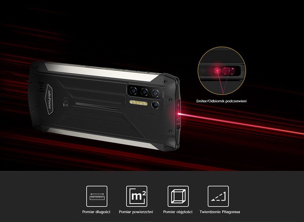 Smartfon Ulefone Power Armor 13 8GB/256GB czarny widok na smartfon i jego odbiornik podczerwieni
