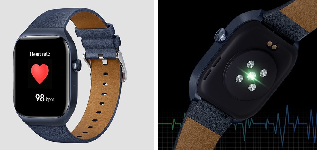Smartwatch Mibro T2 niebieski grafika przedstawia smartwatch od frontu oraz czujnik na spodzie smartwatcha