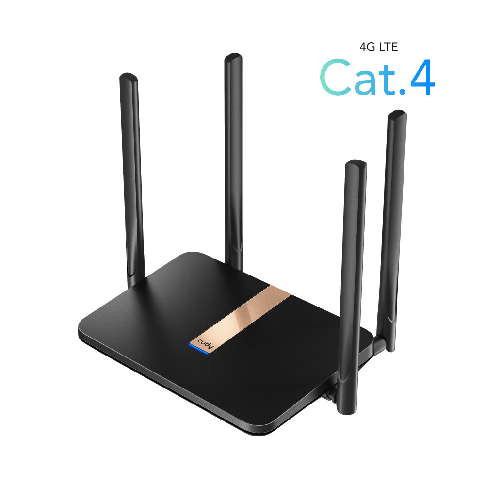 Router Cudy LT500D LTE widok routera pod skosem z informacji o technologii 4G LTE Cat.4