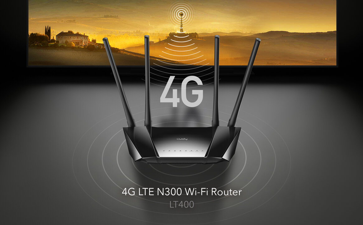 Router Cudy LT400 LTE widok routera od przodu na tle panoramy miasta