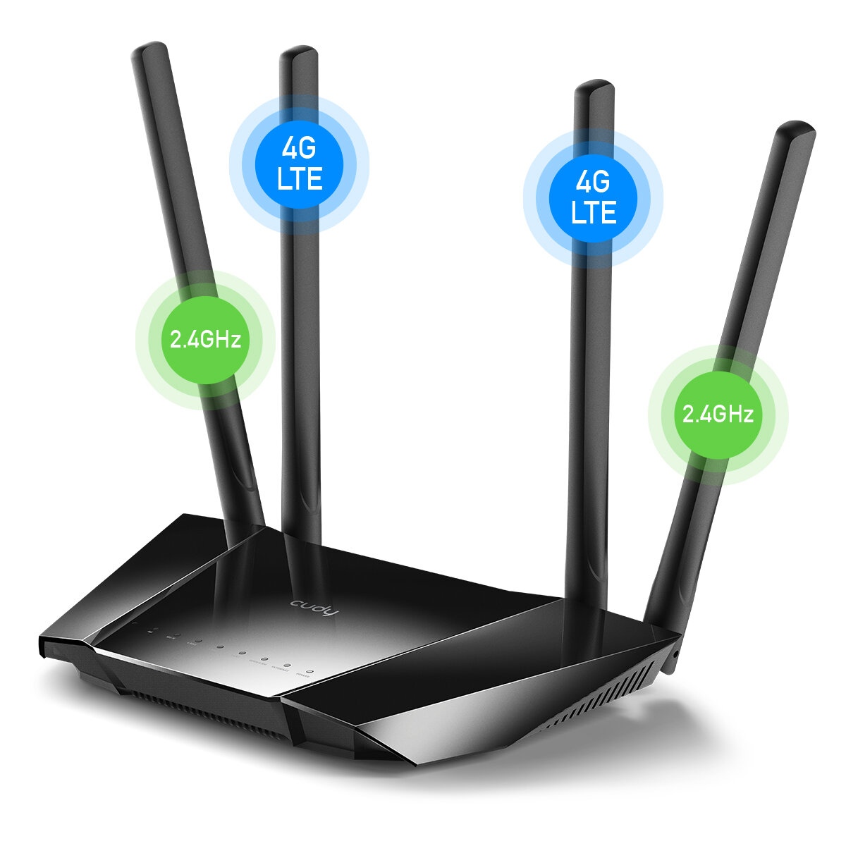 Router Cudy LT400 LTE widok routera pod skosem z oznaczonymi 2 antenami LTE i 2 antenami 2.4 GHz