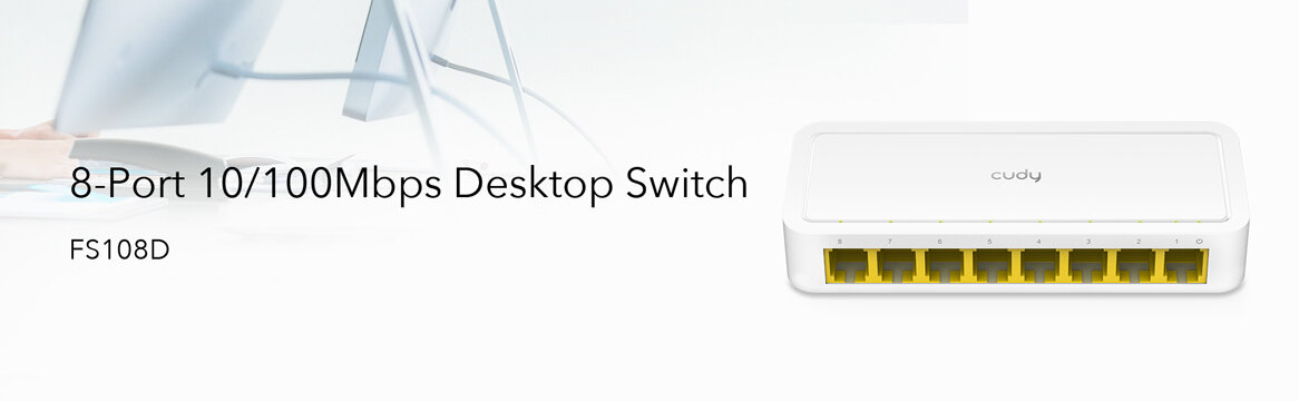 Switch Cudy FS108D 10/100 Mbps widok switcha od przodu z informacją o 8 portach