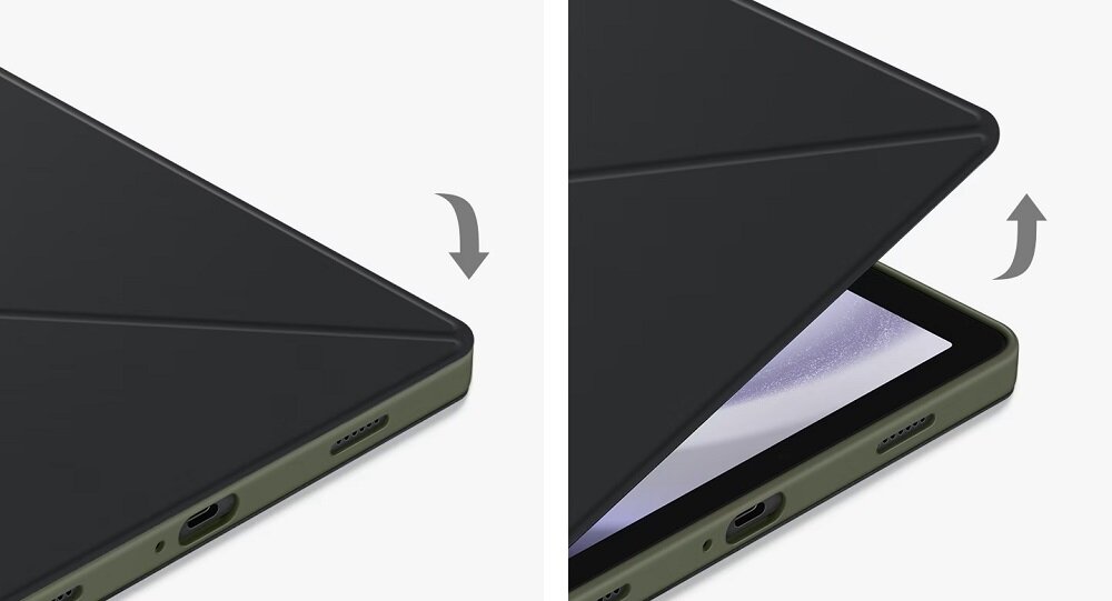 Etui Samsung Book Cover Galaxy Tab A9+ czarne widok na grafikę przedstawiającą bok zamkniętego i otwierającego się etui